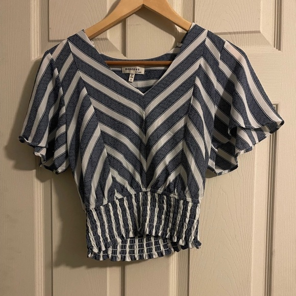 Monteau Tops - Monteau Navy and White Chevron Blouse​​